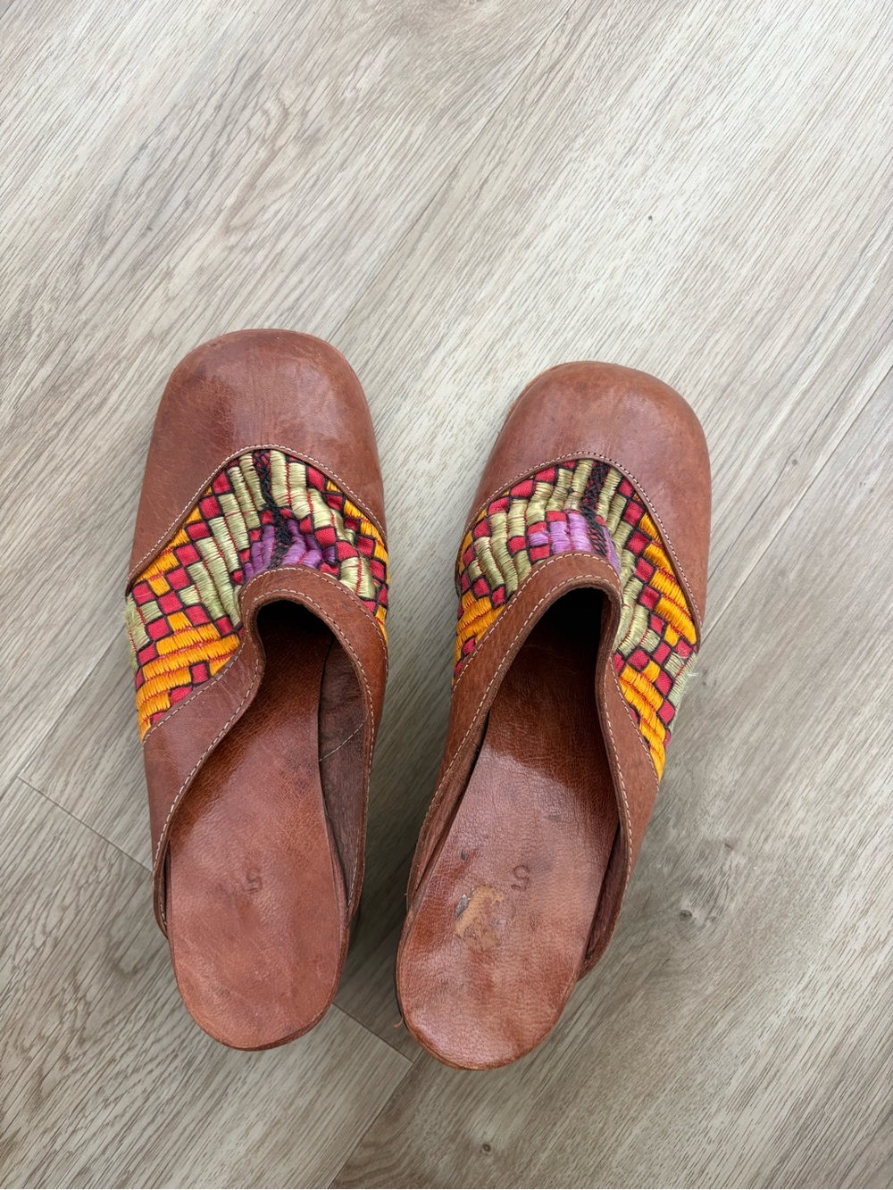 Handwoven Multi-Color Leather Slip-On Clogs-Vintage